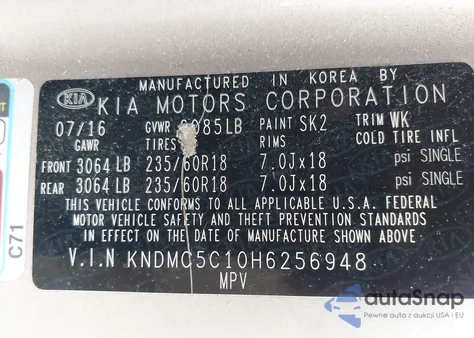 2017 Kia Sedona Ex z USA, uszkodzony, nr VIN KNDMC5C10H6256948